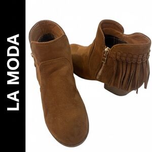 La Moda Western Boho Fringe Suede Boots | Camel | Size 6 1/2 EUC